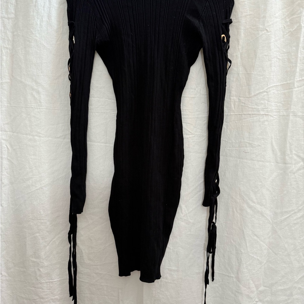 Hera Collection Ribbed Gothic Bodycon Dress Lace Up Sleeves Black Y2K Alt L